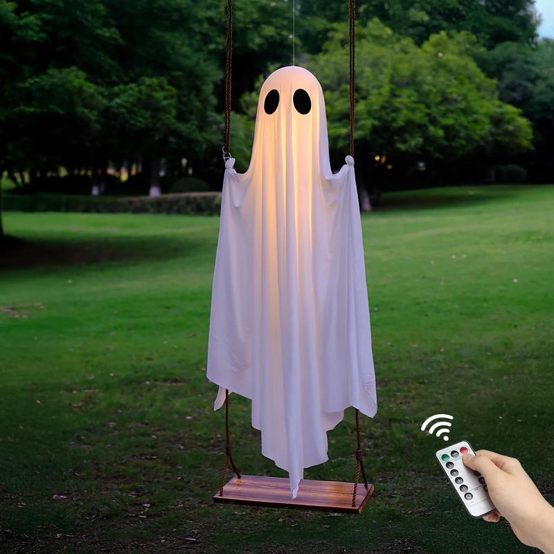 Halloween Outdoor Decoration, 5 Foot Large Hanging Swinging Ghost with Lights, Spooky Cute Haunted Tree Decor for Porch Yard