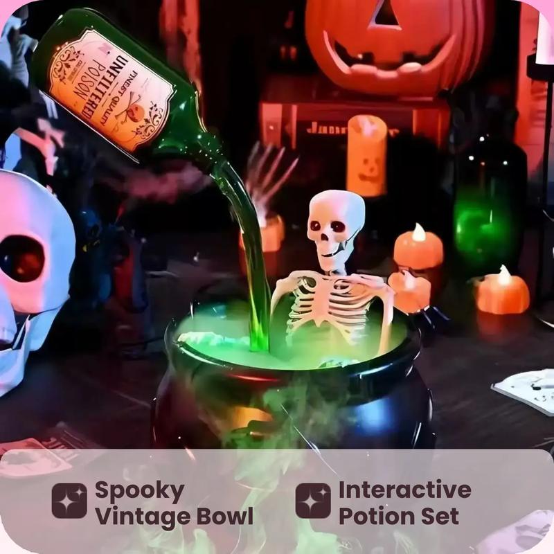 DIY Halloween Indoor Decor Set, Magic Potion Bottle & Skeleton Design, Vintage Plastic Bowl for Home Table Fireplace Kitchen
