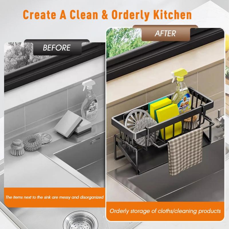 kitchen storage rack tap Metal Sponge Drainer Rack With Towl Holder Kitchen Bathroom Sink Organizer Rack Soap Holder Orgaizer rack tap hanging rack