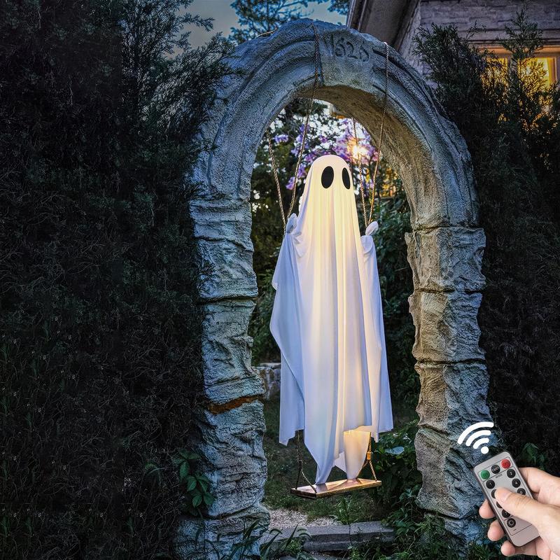 Halloween Outdoor Decoration, 5 Foot Large Hanging Swinging Ghost with Lights, Spooky Cute Haunted Tree Decor for Porch Yard