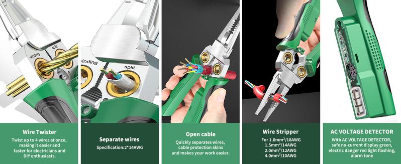 8 in 1 Wire Stripper Twister for Cutting and Pulling Wires, Cable Scissors,Voltage Tester Pliers, 12V to 250V Live,Null,Hot Wire Judgment AC DC, Audible and Flashing LED Alarms