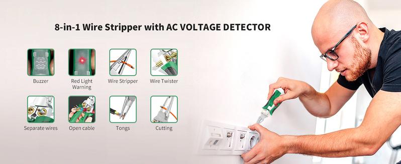 8 in 1 Wire Stripper Twister for Cutting and Pulling Wires, Cable Scissors,Voltage Tester Pliers, 12V to 250V Live,Null,Hot Wire Judgment AC DC, Audible and Flashing LED Alarms