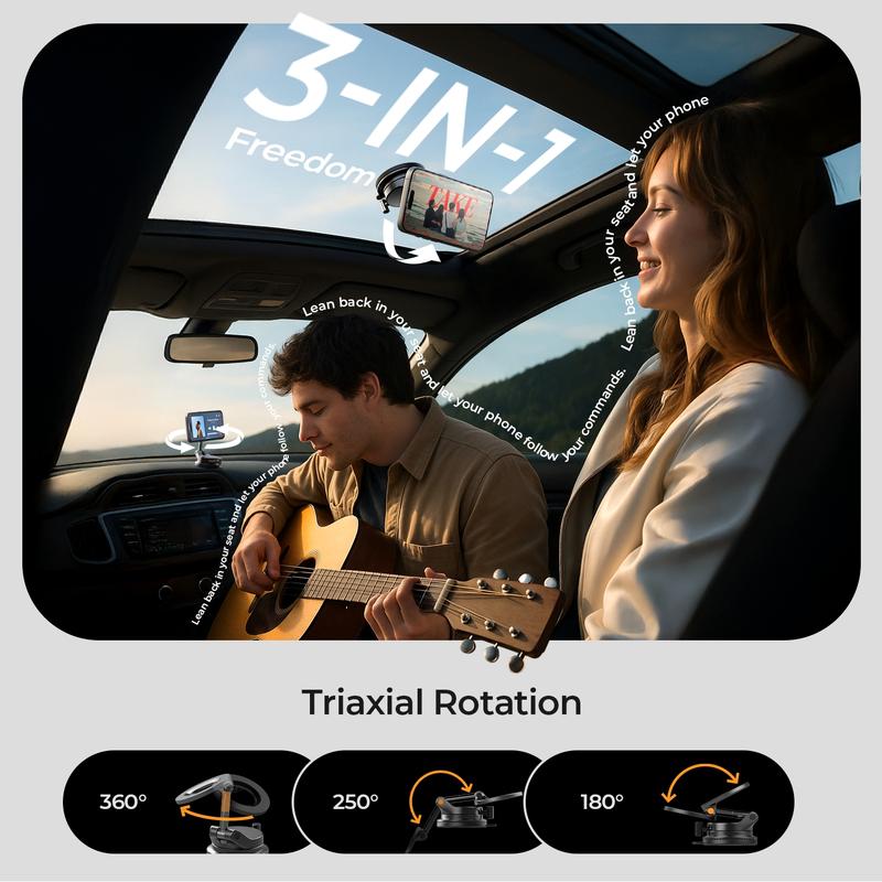 LISEN Retractable Car Phone Mount - 360° Magnetic Holder with Vacuum Suction Base, One-Touch Secure Lock, Ultra Compact Design (No Charging)