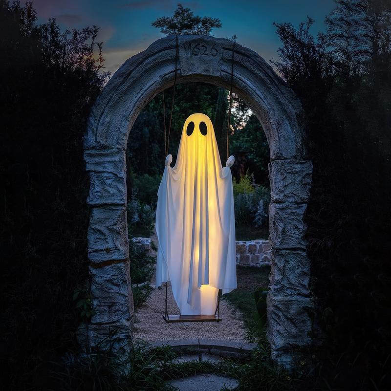 Halloween Outdoor Decoration, 5 Foot Large Hanging Swinging Ghost with Lights, Spooky Cute Haunted Tree Decor for Porch Yard