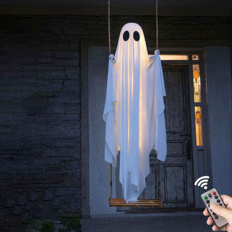 Halloween Outdoor Decoration, 5 Foot Large Hanging Swinging Ghost with Lights, Spooky Cute Haunted Tree Decor for Porch Yard