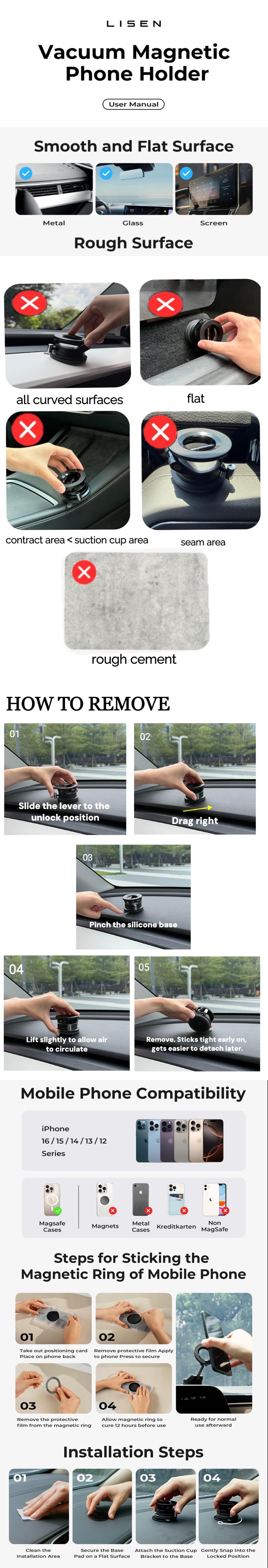 LISEN Retractable Car Phone Mount - 360° Magnetic Holder with Vacuum Suction Base, One-Touch Secure Lock, Ultra Compact Design (No Charging)