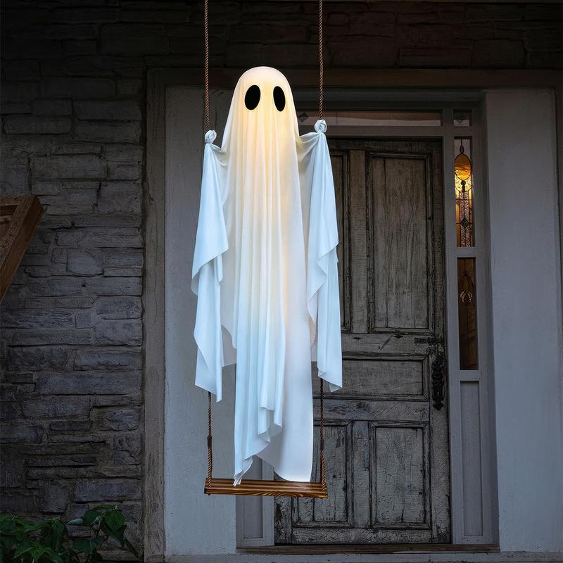 Halloween Outdoor Decoration, 5 Foot Large Hanging Swinging Ghost with Lights, Spooky Cute Haunted Tree Decor for Porch Yard