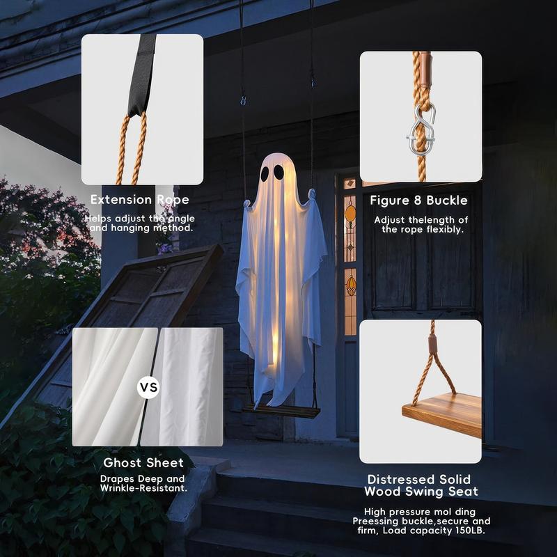 Halloween Outdoor Decoration, 5 Foot Large Hanging Swinging Ghost with Lights, Spooky Cute Haunted Tree Decor for Porch Yard