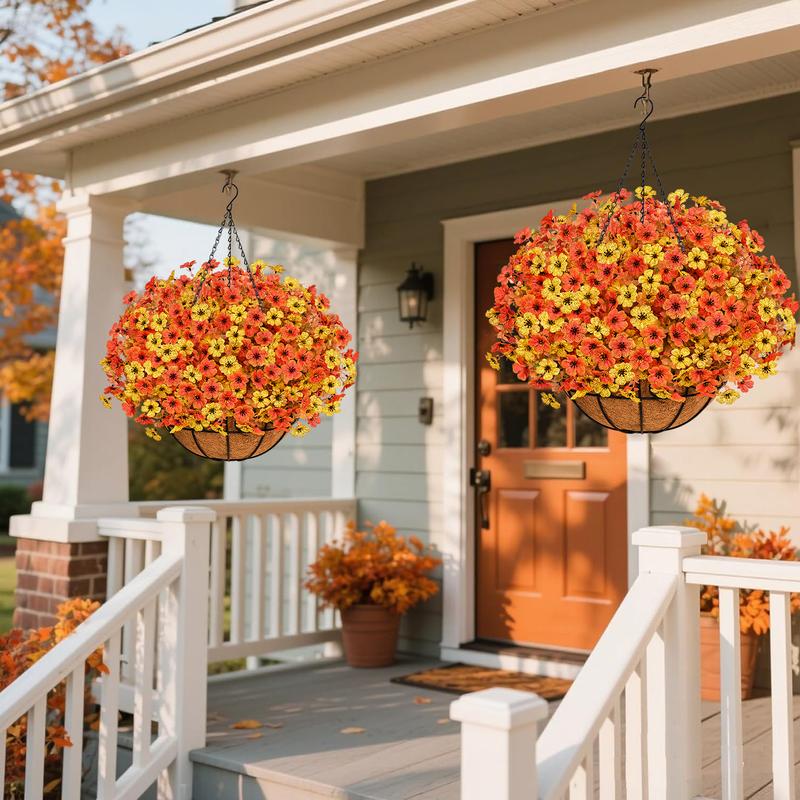 Artificial Fall Hanging Baskets for Outdoors Fake Hanging  Realistic UV Resistant Fall Flowers for Fall Decor Porch Patio Garden Decor OrangeYellow